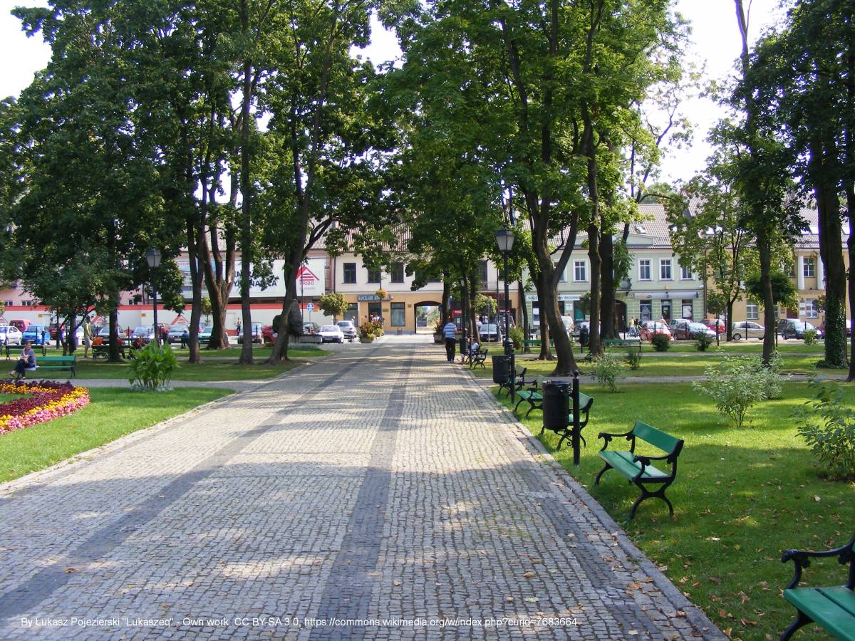 Park Konstytucji 3 Maja w Suwałkach - ul kosciuszki widziana z parku konstytucji 3 maja w suwalkach