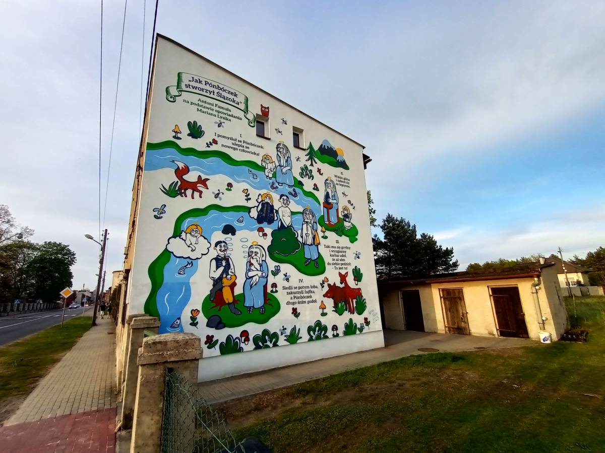 Mural "Jak Pónbóczek stworzył Ślązoka" w Miasteczku Śląskim - mural jak ponboczek stworzyl slazoka w miasteczku slaskim 4