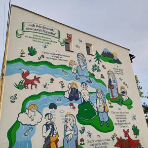 Mural "Jak Pónbóczek stworzył Ślązoka" w Miasteczku Śląskim - mural jak ponboczek stworzyl slazoka w miasteczku slaskim 3