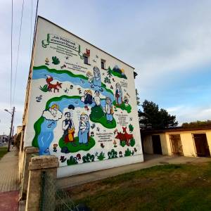 Mural "Jak Pónbóczek stworzył Ślązoka" w Miasteczku Śląskim - mural jak ponboczek stworzyl slazoka w miasteczku slaskim 4