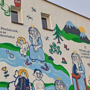 Mural "Jak Pónbóczek stworzył Ślązoka" w Miasteczku Śląskim - mural jak ponboczek stworzyl slazoka w miasteczku slaskim 7