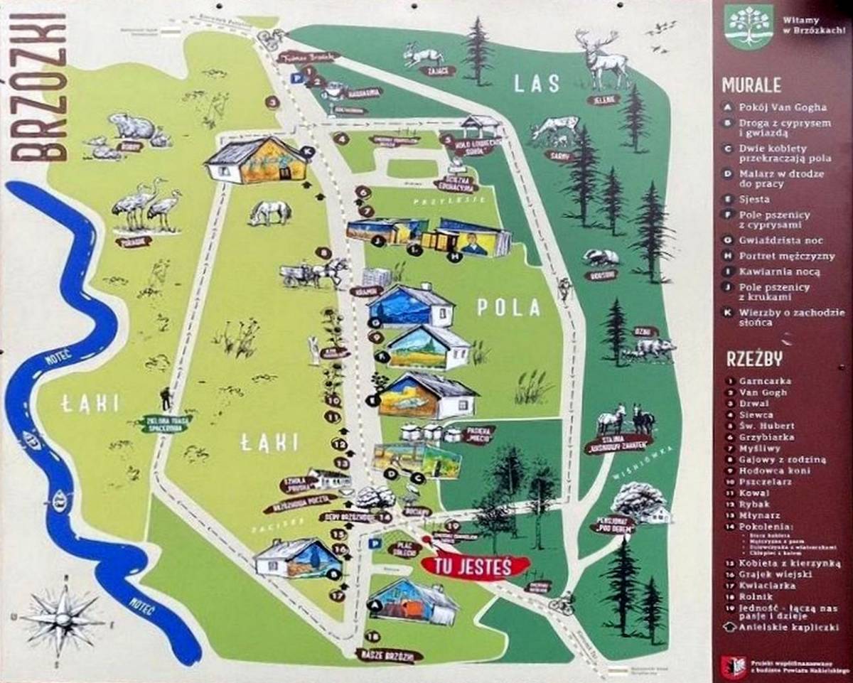 Mapka z muralami i rzeźbami wsi Brzózki